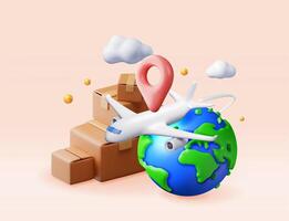 3D delivery airplane, globe and cardboard box Isolated. Render express delivering services commercial plane. Concept of fast and free delivery by aircraft vector