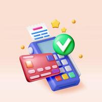 3D payment terminal with card and receipt isolated. Render modern POS bank payment device. Payment NFC keypad machine vector