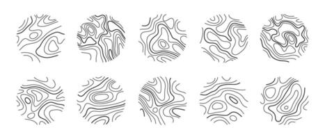 Circular wood rings or topographic map lines texture set. Wood tree topographic abstract lines collection vector