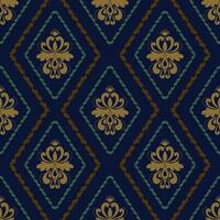 Elegant damask pattern with gold motifs on dark blue background, perfect for textiles vector