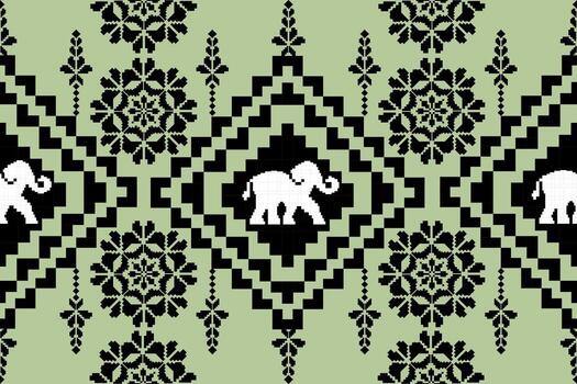 decorative pattern featuring elephants and floral motifs in black and white on light green background, creating unique and artistic design vector