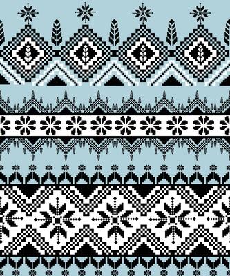beautiful winter themed pattern featuring geometric shapes, snowflakes, and floral designs in black and white against light blue background, perfect for textiles and decorations