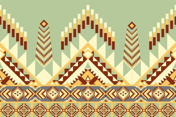 Geometric pattern design featuring vibrant colors and intricate shapes, ideal for textiles or wallpapers. design showcases blend of triangles, diamonds, and lines, creating visually striking effect
