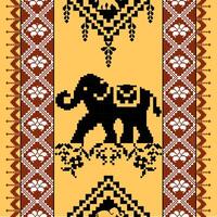 decorative pattern featuring stylized elephant design in black on yellow background, surrounded by intricate geometric motifs and floral elements. artwork evokes sense of cultural heritage and vector
