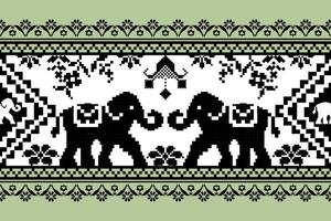 decorative pattern featuring two black elephants on light green background, surrounded by floral designs and geometric shapes, creating harmonious and artistic look vector