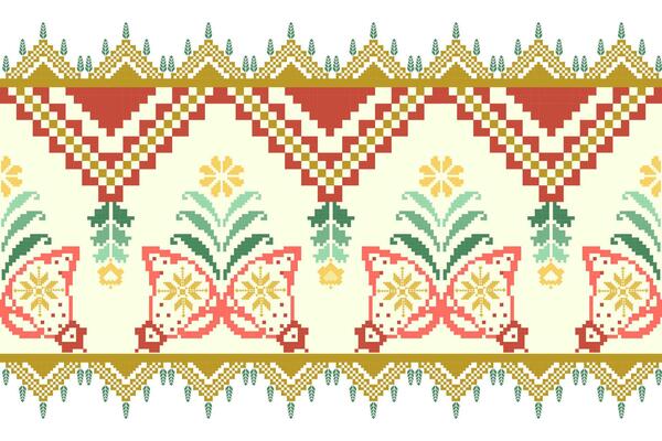 Colorful pixel art pattern featuring butterflies and floral designs, perfect for textiles or wallpapers. intricate details create vibrant and cheerful atmosphere