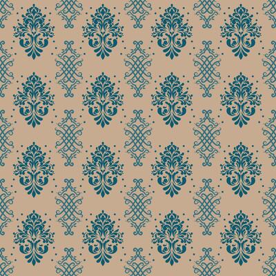 Elegant damask pattern in teal on soft peach background, perfect for textiles and wallpapers