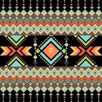 Colorful geometric pattern with tribal motifs and vibrant shapes. This design features mix of diamonds, triangles, and arrows in shades of orange, green, and blue against black background, creating vector