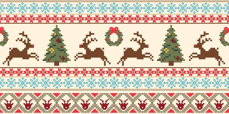 Festive Christmas pattern featuring reindeer, trees, and wreaths in pixel art style. Perfect for holiday decorations and seasonal crafts