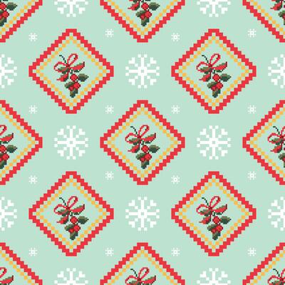 Festive pixel art pattern featuring red ribbons, holly, and snowflakes on mint green background, perfect for holiday decorations