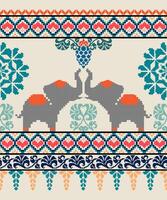 Elephants in decorative pattern with vibrant colors and intricate designs. This artwork features two elephants facing each other, surrounded by floral motifs and geometric shapes, creating harmonious vector