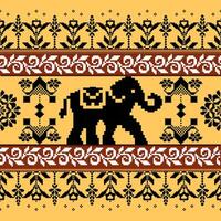 decorative pattern featuring black elephant surrounded by floral designs on yellow background, showcasing traditional textile art vector