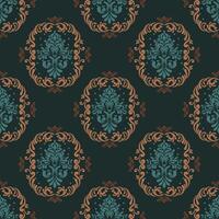 Elegant damask pattern featuring intricate floral designs in teal and orange on dark background, perfect for textiles and wallpapers vector