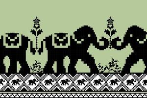 pixel art design featuring stylized elephants and floral patterns, showcasing unique blend of nature and creativity. black and white elements contrast against soft green background, creating striking vector