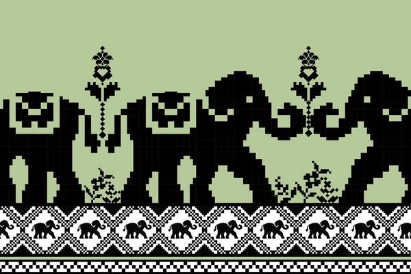 pixel art design featuring stylized elephants and floral patterns, showcasing unique blend of nature and creativity. black and white elements contrast against soft green background, creating striking