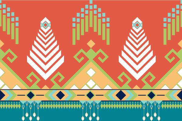 Vibrant geometric pattern featuring stylized trees and decorative elements in orange, green, and white tones, creating lively visual impact
