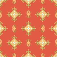 Geometric pattern with orange background and intricate designs in yellow and green, creating vibrant and lively atmosphere vector