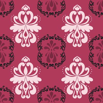 Elegant damask pattern featuring floral motifs in pink and burgundy tones