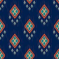 vibrant ikat pattern featuring diamond shapes in orange and teal on dark blue background, creating striking visual effect. Perfect for textiles and home decor vector