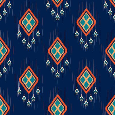 vibrant ikat pattern featuring diamond shapes in orange and teal on dark blue background, creating striking visual effect. Perfect for textiles and home decor