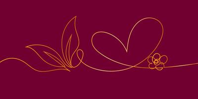 One Line Continuous of a Simple Heart with A Flower and Leaves in Gold Colors. Abstract love background. Perfect for Elegant presentations, invitations, greeting cards, banner, web vector