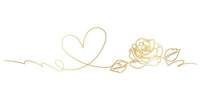 One Line Continuous of a Simple Heart with A Rose and Leaves in Gold Colors. Abstract love background. Perfect for Elegant presentations, invitations, greeting cards, banner, web vector