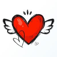 Grunge Icon Heart with Angel Wings. Cute doodle love sign isolated on red background. Scribble heart shape with simple decorations drawn with markers and crayons vector