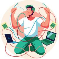 Man tangled in wires, flat style illustration vector