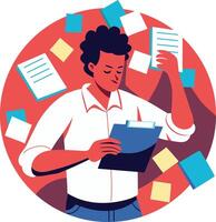 A person with many sticky notes, flat illustration vector