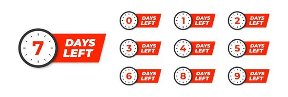 Days left. Countdown time 1, 2, 3, 4, 5, 6, 7, 8, 9, 0. Number go down. vector