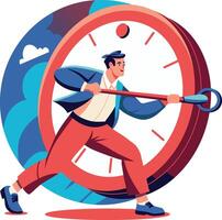 A flat illustration of a man trying to stop time vector