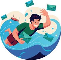 A flat illustration of a man swimming in water with many emails vector