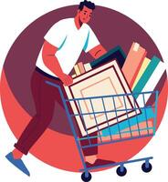 A flat illustration of an employee rolling a cart full of files vector