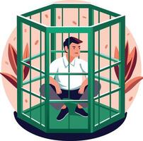 A flat illustration of an employee stuck in a cage vector