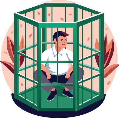 A flat illustration of an employee stuck in a cage