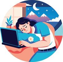 Exhausted person sleeping while working, flat illustration vector