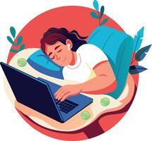 A flat illustration of a tired employee sleeping while working vector