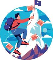 Ambitious person climbing on a mountain, flat illustration vector