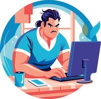 A flat illustration of a serious man doing remote work vector