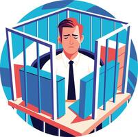 A flat illustration of an employee trapped in an office cell vector