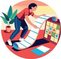 A flat illustration of person checking long work list vector
