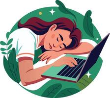 Tired employee sleeping with laptop, flat illustration vector