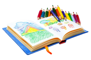 Colorful Crayon Drawings in an Open Notebook with a Collection of Brightly Colored Crayons png