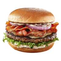 A large hamburger with bacon, onions, and cheese png