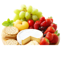A plate of fruit and cheese with a wedge of cheese on the plate png