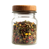 A jar of herbs and spices sits on a white background png