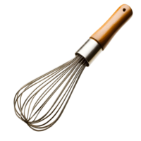 A whisk with a wooden handle is shown in a white background png