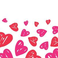A pattern of red and pink hand-drawn hearts scattered on a white background. vector
