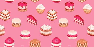 Playful seamless pattern featuring various delicious desserts like cakes, background. Design for wrapping paper, bakery packaging, fabric designs, and cafe decor. vector