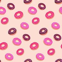 Fun and playful seamless pattern featuring colorful donuts with pink and chocolate frosting on a light background. Print for fabric, stationery, wrapping paper, and food-related designs vector